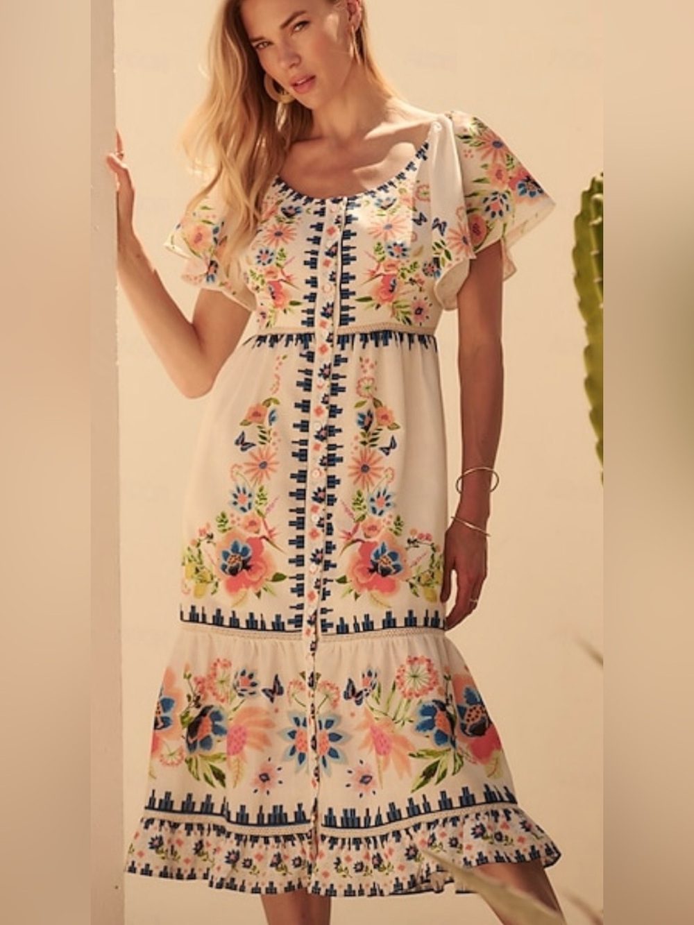 Embroidered Ivory Floral Midi Dress